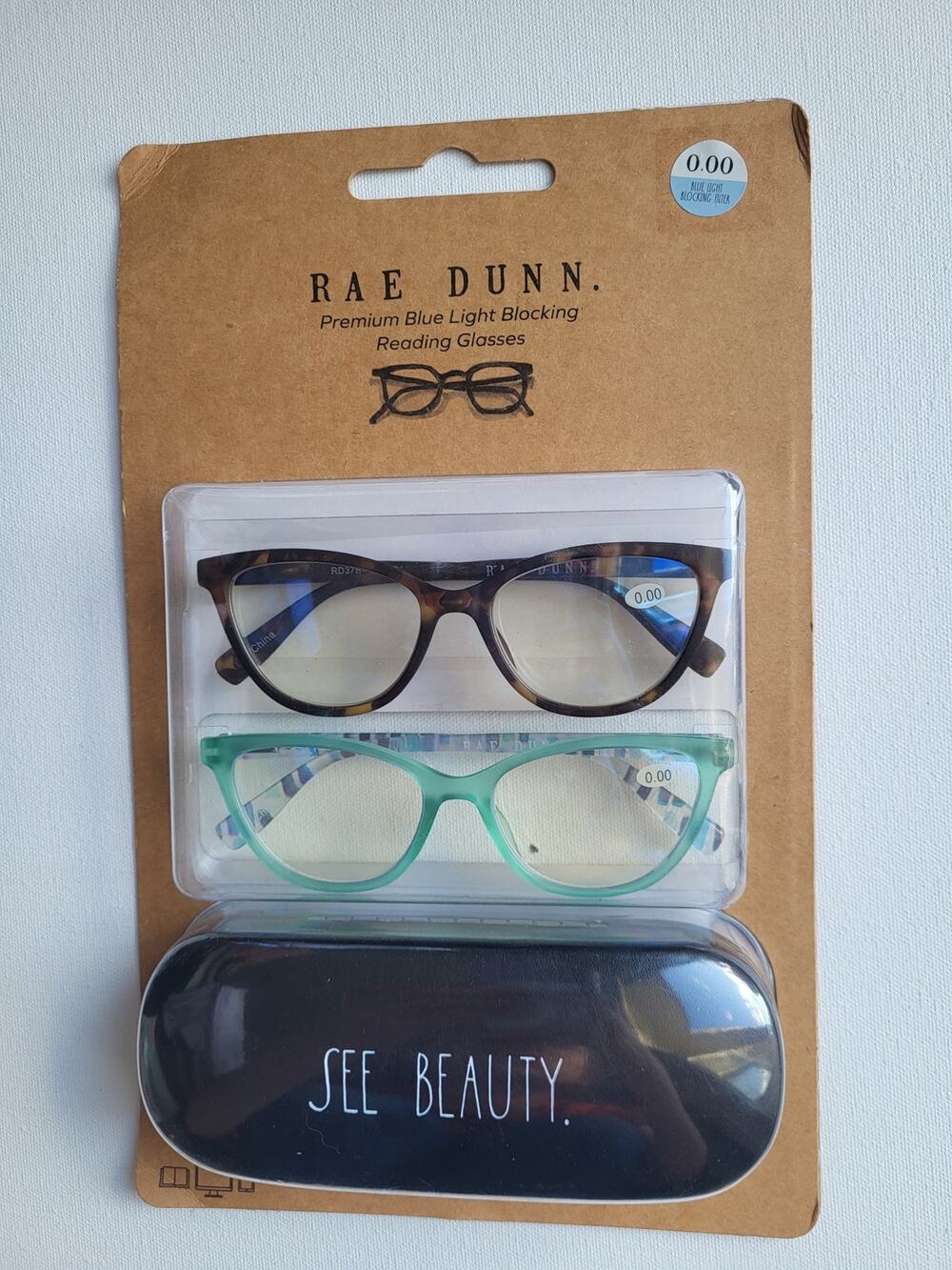 NWT Rae Dunn Blue Light Blocking Glasses 2-Pack  "SEE BEAUTY" Case Strength 0.00